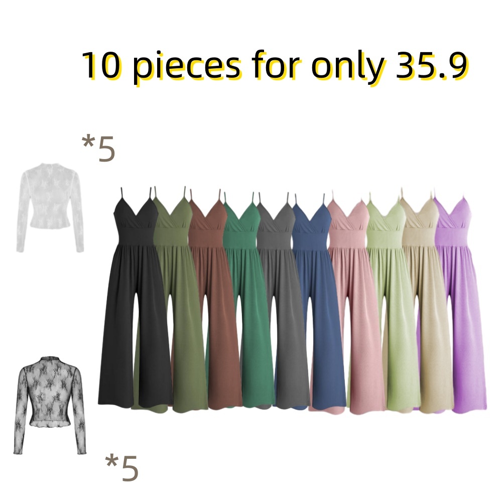 🎉Hot selling items-Women's solid color lace t-shirt and pocket jumpsuit two-piece set