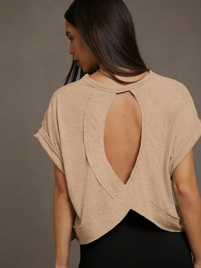 Women's Plain Cut Out Asymmetrical Hem Batwing Sleeve Tee, Elegant Casual Short Sleeve Round Neck T-Shirt for Summer, Ladies Clothes for Daily Wear