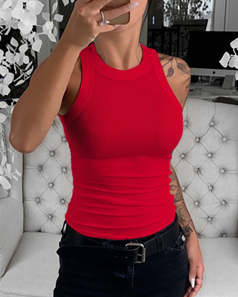 O-Neck Knit Sleeveless Basic Slim Fit Tummy Control Tank Casual Top(Without Pads)