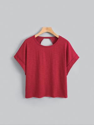 Women's Plain Cut Out Asymmetrical Hem Batwing Sleeve Tee, Elegant Casual Short Sleeve Round Neck T-Shirt for Summer, Ladies Clothes for Daily Wear