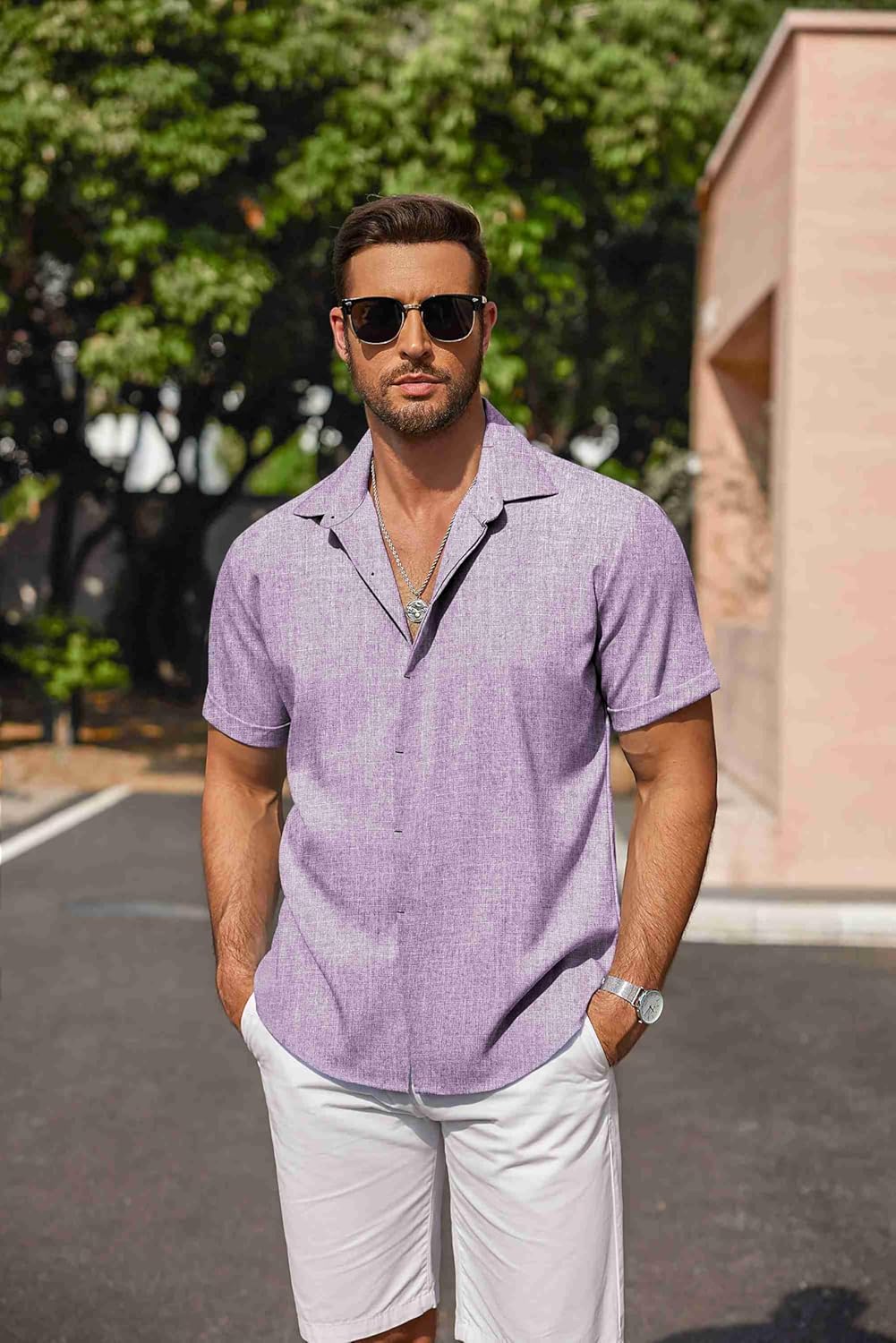 Men's Linen Shirts Short Sleeve Casual Shirts Button Down Shirt for Men Beach Summer Wedding Shirt