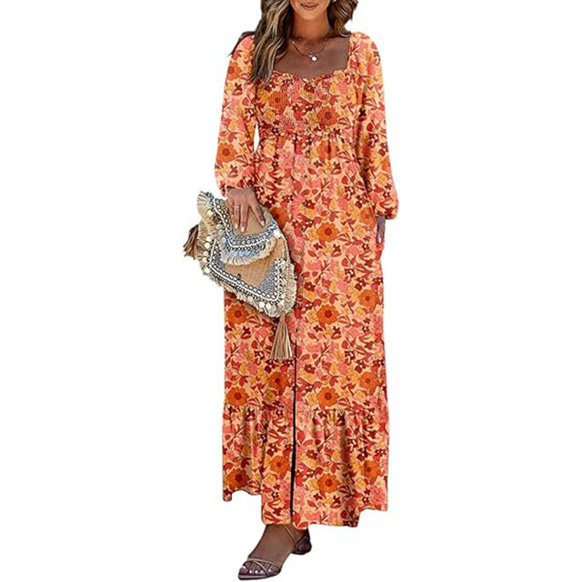 š„2025 CRAZY DEALš„Spring Dresses for Women 2025 Boho Floral Smocked Square Neck Long Sleeve Button Down Beach Long Maxi Dress