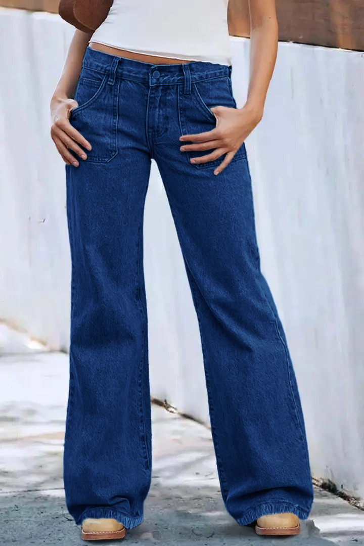 Wash Raw Hem Flap Pocket Wide Leg Low Rise Jeans