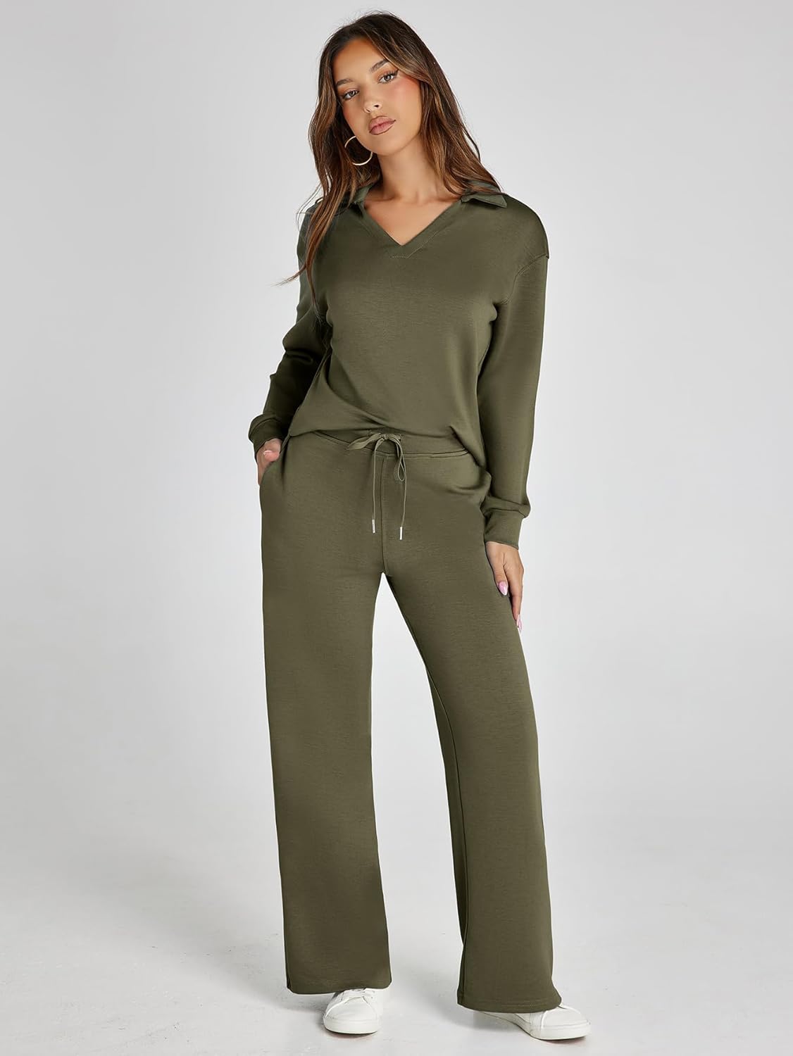 Women's 2 Piece Sets Outfits Casual Long Sleeve Sweatsuits Polo Top and Wide Leg Pants Matching Sets