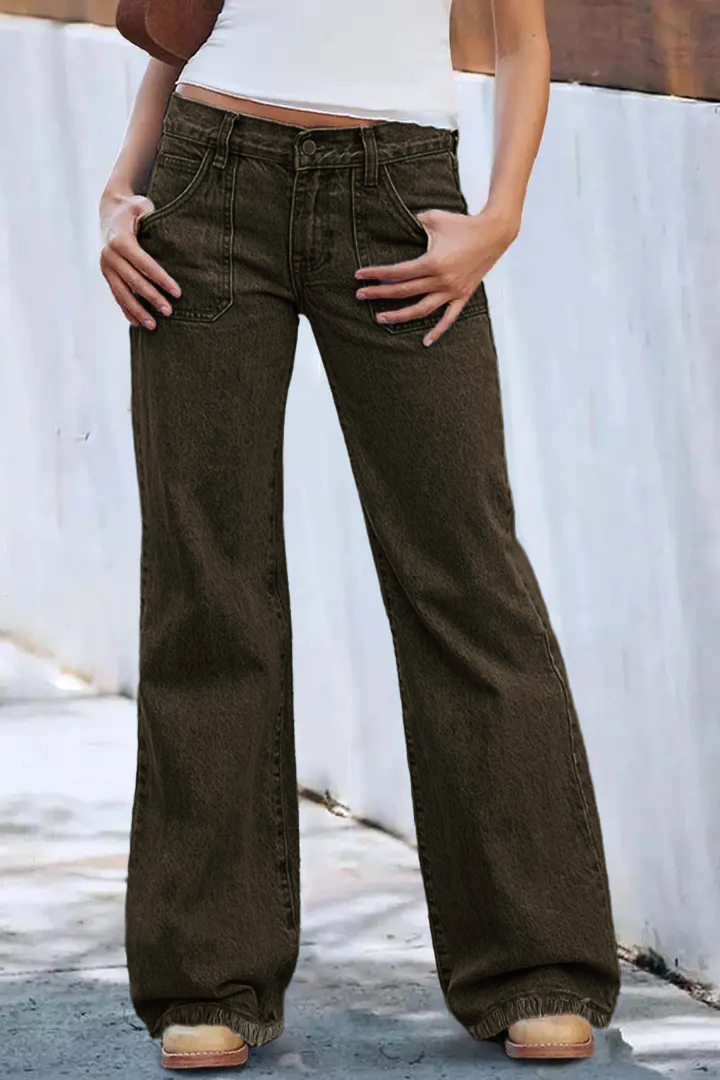 Wash Raw Hem Flap Pocket Wide Leg Low Rise Jeans