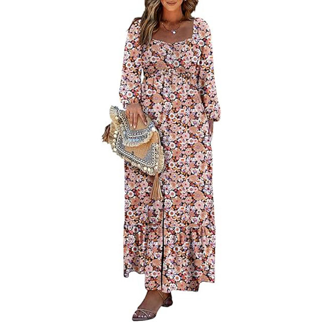 š„2025 CRAZY DEALš„Spring Dresses for Women 2025 Boho Floral Smocked Square Neck Long Sleeve Button Down Beach Long Maxi Dress