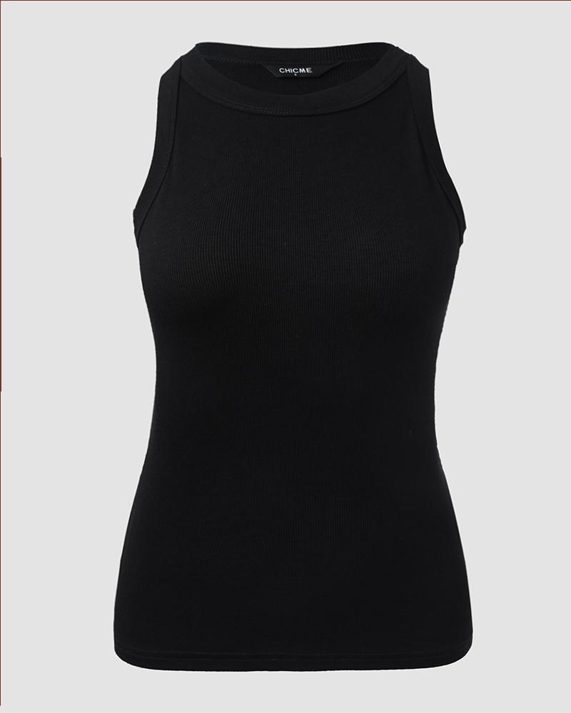 O-Neck Knit Sleeveless Basic Slim Fit Tummy Control Tank Casual Top(Without Pads)