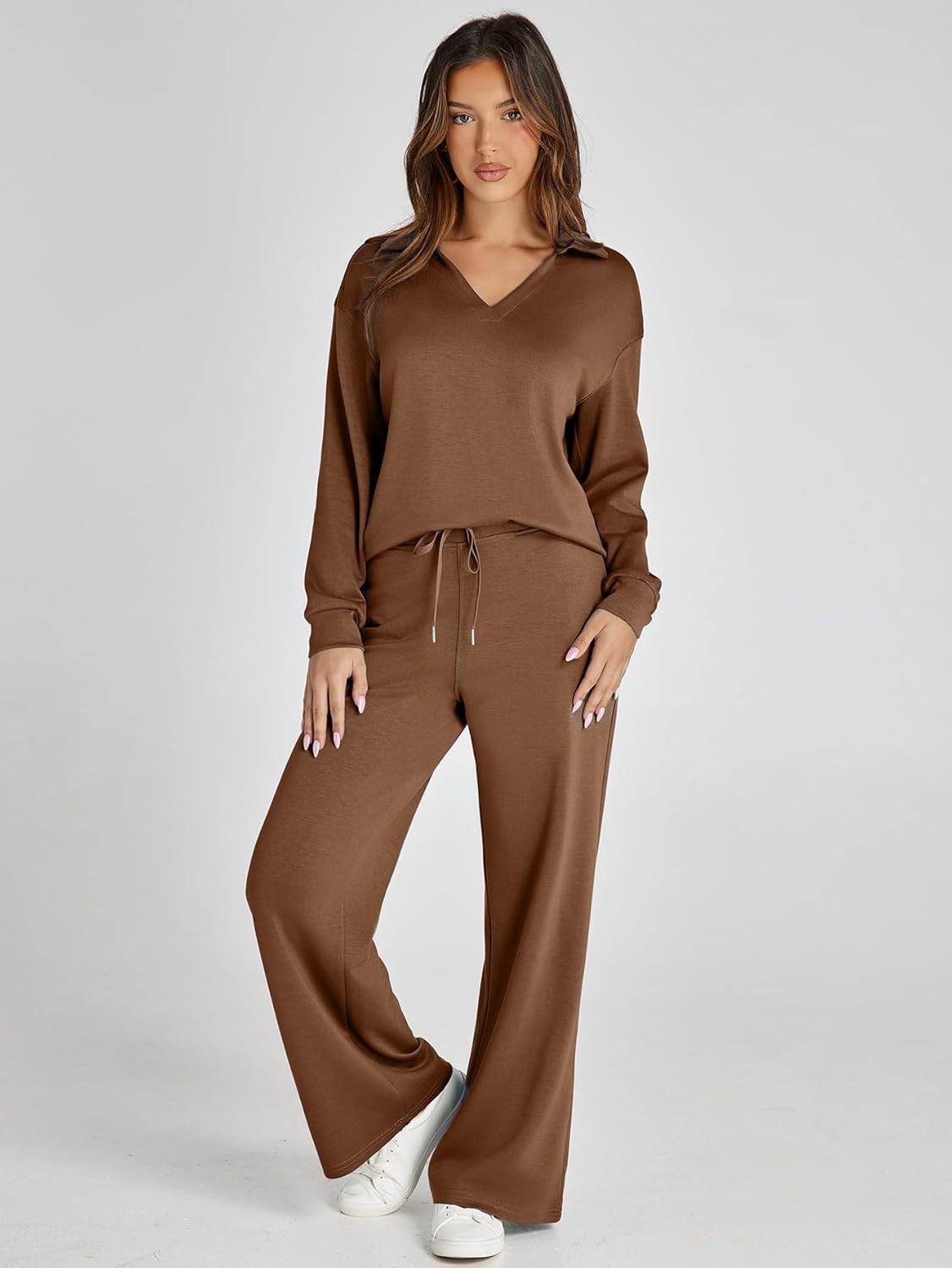 Women's 2 Piece Sets Outfits Casual Long Sleeve Sweatsuits Polo Top and Wide Leg Pants Matching Sets