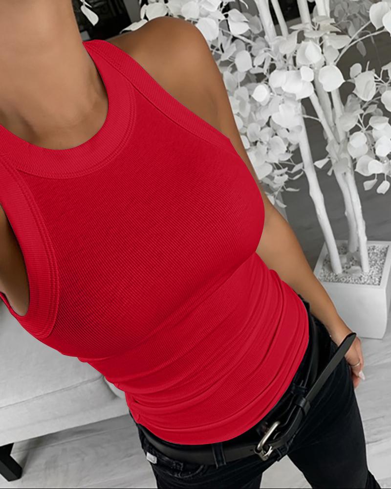 O-Neck Knit Sleeveless Basic Slim Fit Tummy Control Tank Casual Top(Without Pads)