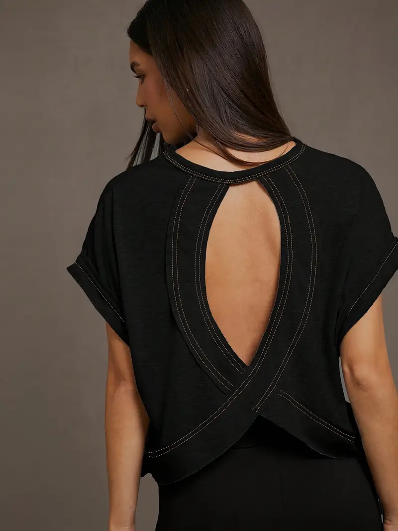 Women's Plain Cut Out Asymmetrical Hem Batwing Sleeve Tee, Elegant Casual Short Sleeve Round Neck T-Shirt for Summer, Ladies Clothes for Daily Wear