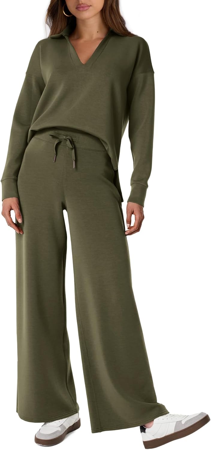 Women's 2 Piece Sets Outfits Casual Long Sleeve Sweatsuits Polo Top and Wide Leg Pants Matching Sets