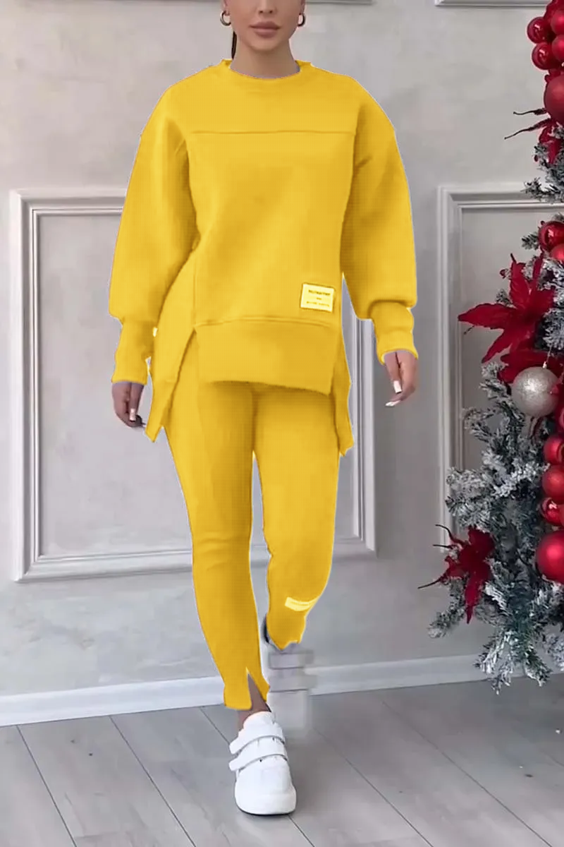 🎉Christmas Deals🎉Women's Casual Solid Color Round Neck Long Sleeve Slit Hem Sweatshirt Leggings Set