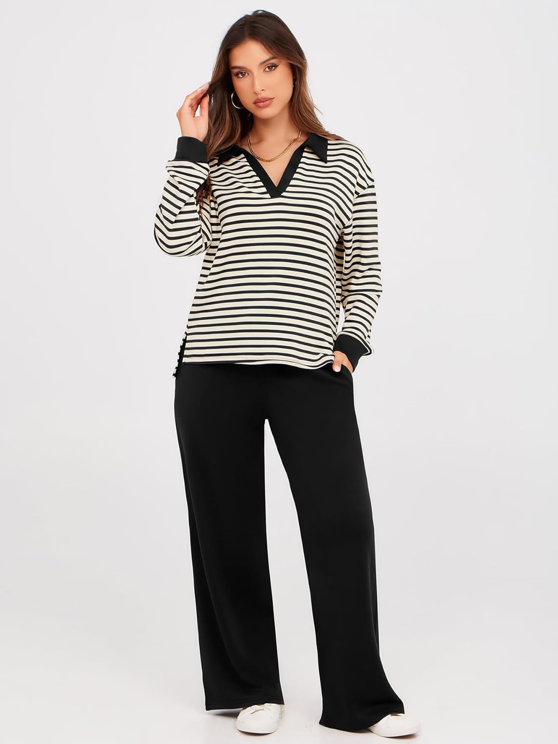 Women's 2 Piece Sets Outfits Casual Long Sleeve Sweatsuits Polo Top and Wide Leg Pants Matching Sets