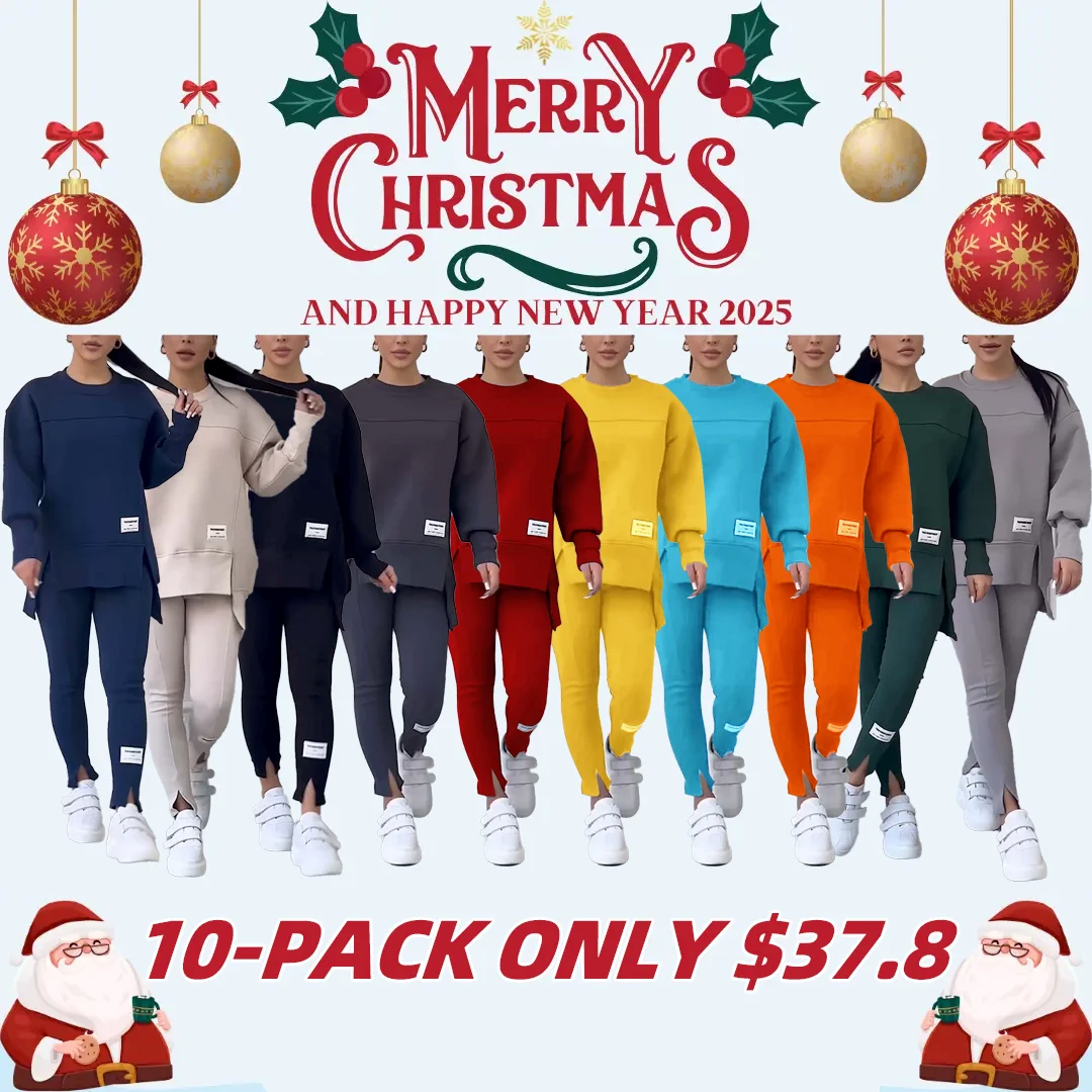 🎉Christmas Deals🎉Women's Casual Solid Color Round Neck Long Sleeve Slit Hem Sweatshirt Leggings Set