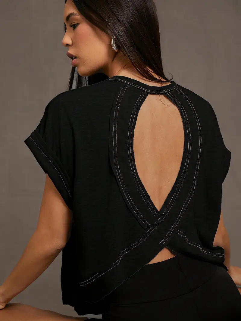 Women's Plain Cut Out Asymmetrical Hem Batwing Sleeve Tee, Elegant Casual Short Sleeve Round Neck T-Shirt for Summer, Ladies Clothes for Daily Wear