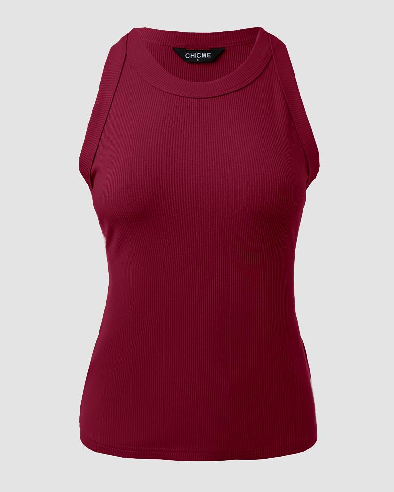 O-Neck Knit Sleeveless Basic Slim Fit Tummy Control Tank Casual Top(Without Pads)