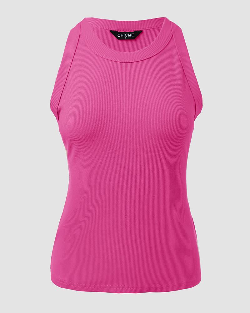 O-Neck Knit Sleeveless Basic Slim Fit Tummy Control Tank Casual Top(Without Pads)