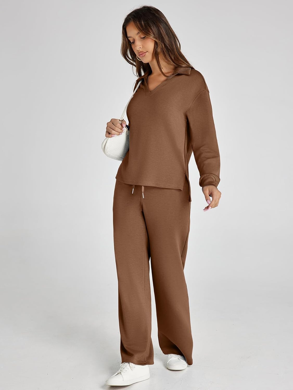 Women's 2 Piece Sets Outfits Casual Long Sleeve Sweatsuits Polo Top and Wide Leg Pants Matching Sets