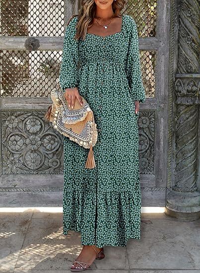 š„2025 CRAZY DEALš„Spring Dresses for Women 2025 Boho Floral Smocked Square Neck Long Sleeve Button Down Beach Long Maxi Dress