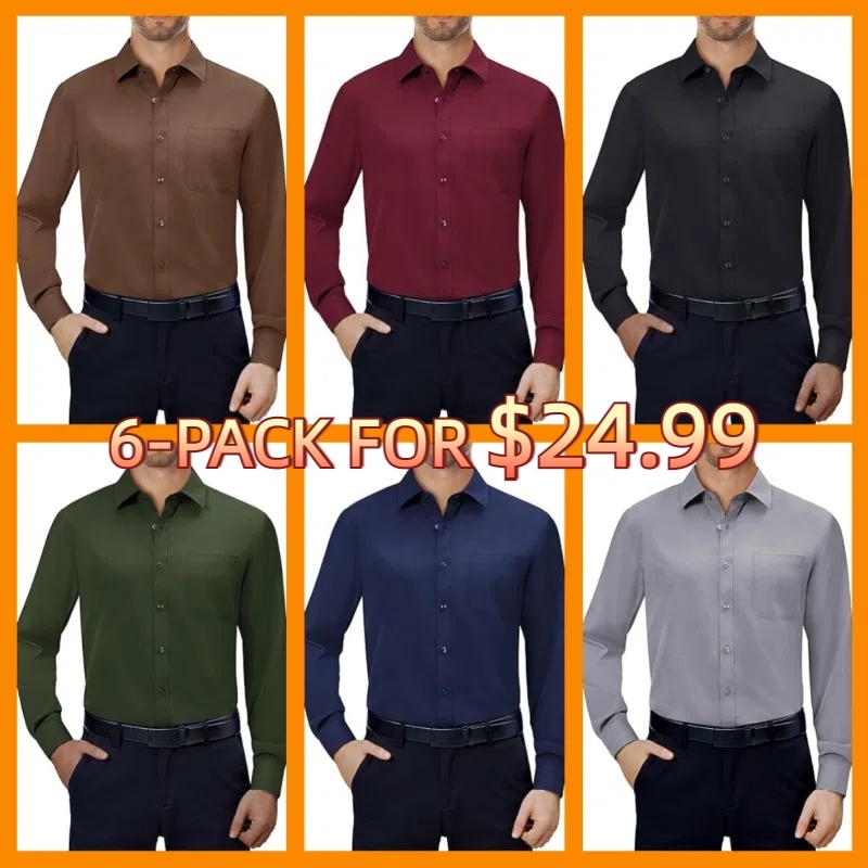 💪Mens Dress Shirts 4-Way Stretch Long Sleeve Collared Casual Solid Wedding Dating Button Down Shirt