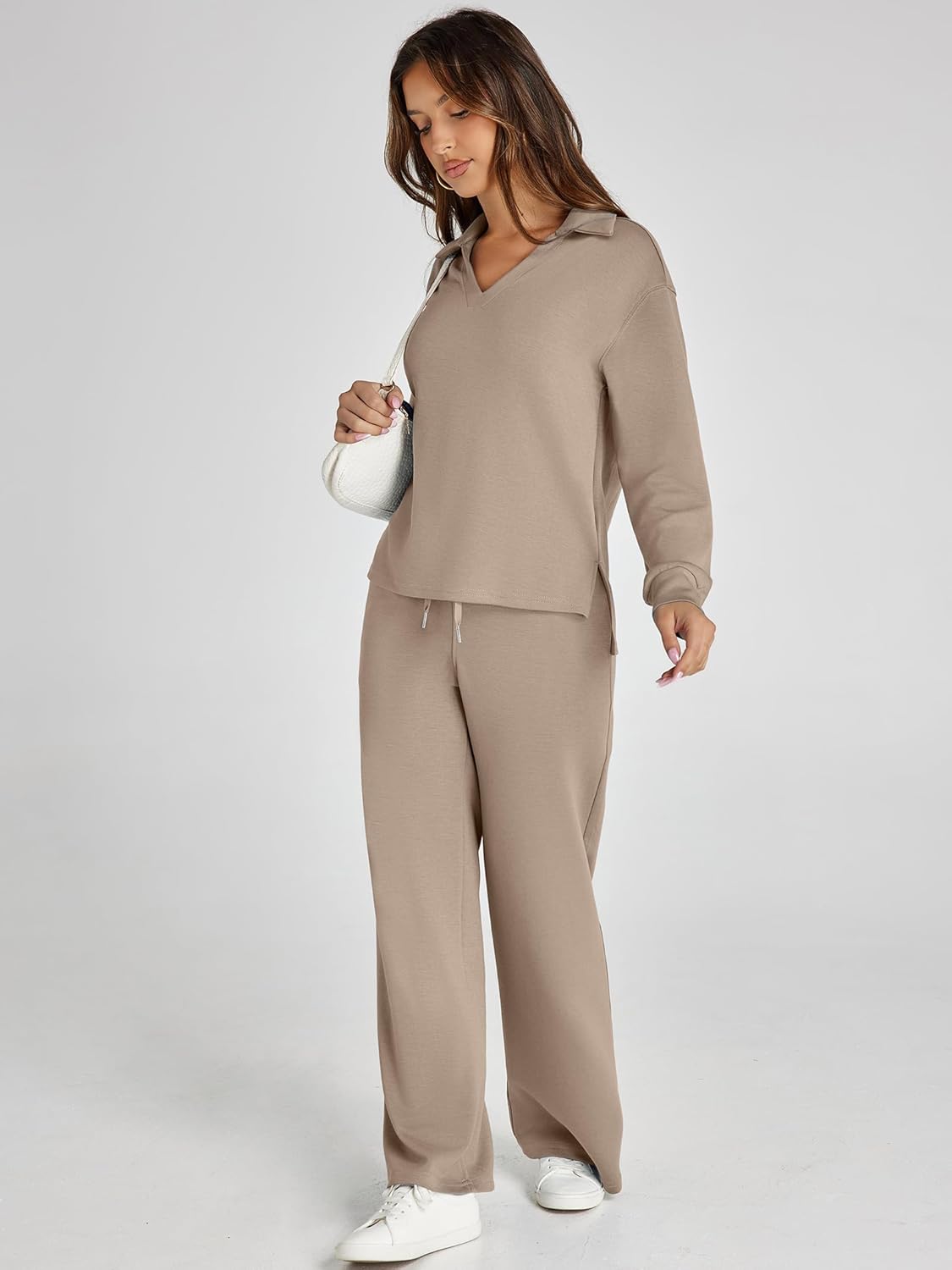 Women's 2 Piece Sets Outfits Casual Long Sleeve Sweatsuits Polo Top and Wide Leg Pants Matching Sets