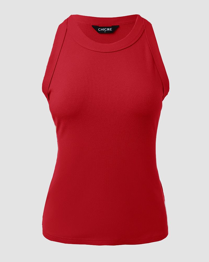 O-Neck Knit Sleeveless Basic Slim Fit Tummy Control Tank Casual Top(Without Pads)