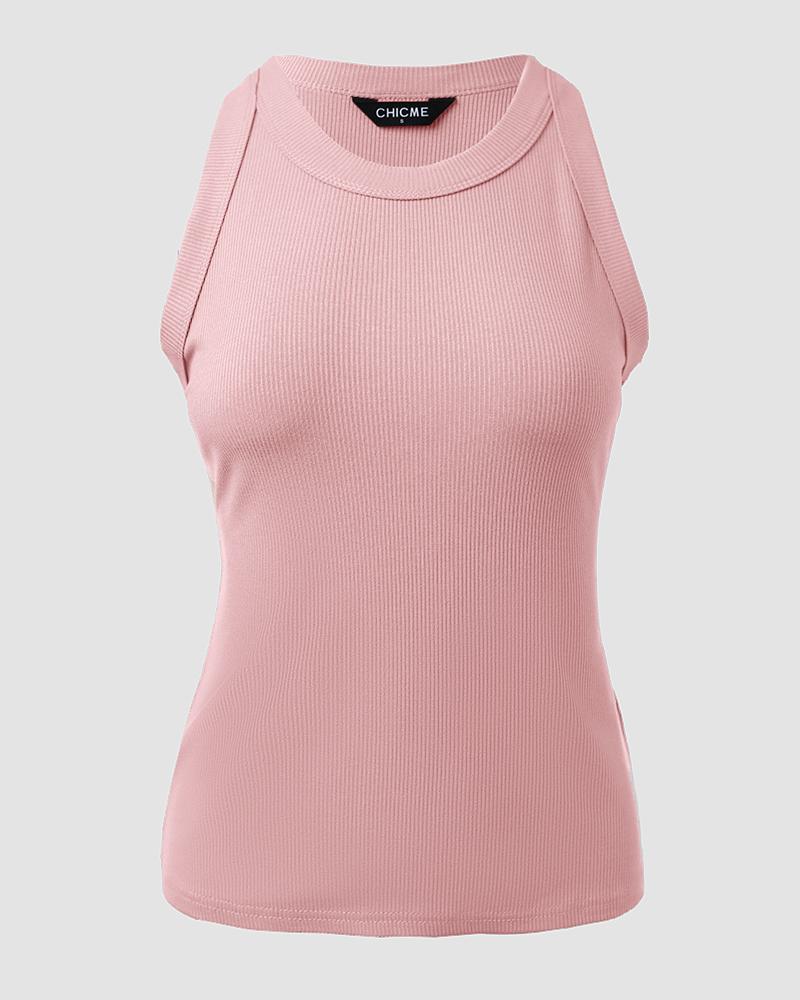 O-Neck Knit Sleeveless Basic Slim Fit Tummy Control Tank Casual Top(Without Pads)