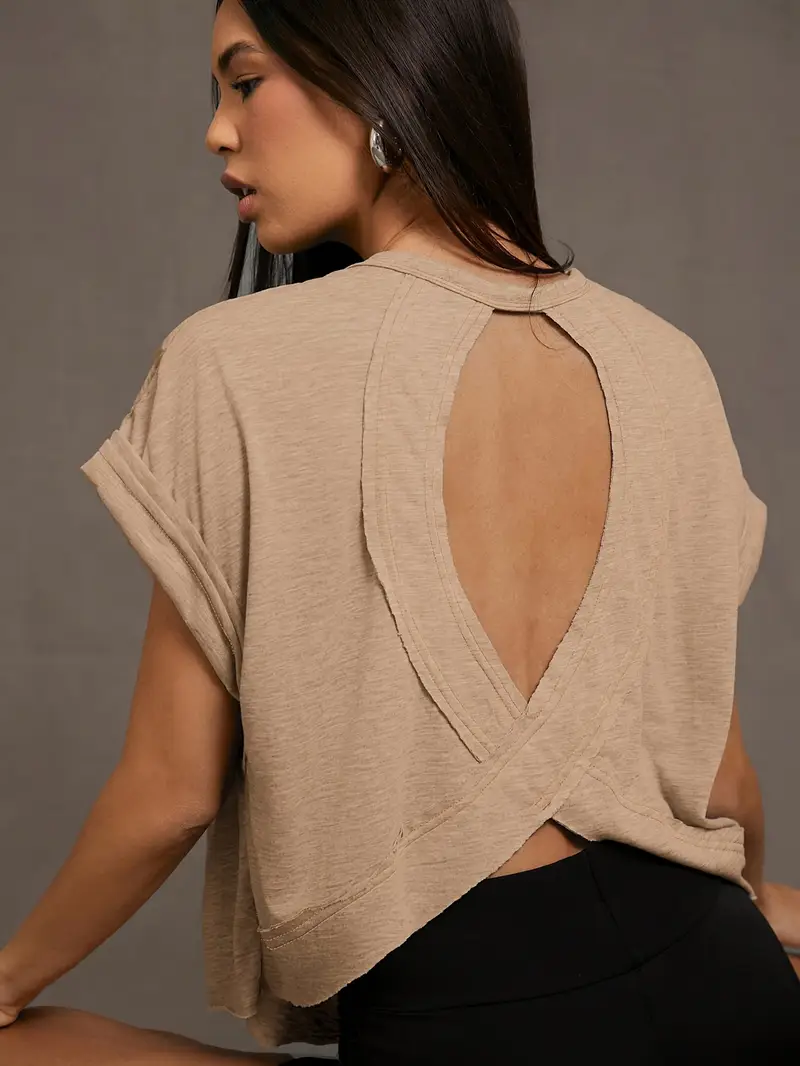 Women's Plain Cut Out Asymmetrical Hem Batwing Sleeve Tee, Elegant Casual Short Sleeve Round Neck T-Shirt for Summer, Ladies Clothes for Daily Wear