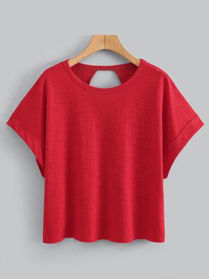 Women's Plain Cut Out Asymmetrical Hem Batwing Sleeve Tee, Elegant Casual Short Sleeve Round Neck T-Shirt for Summer, Ladies Clothes for Daily Wear