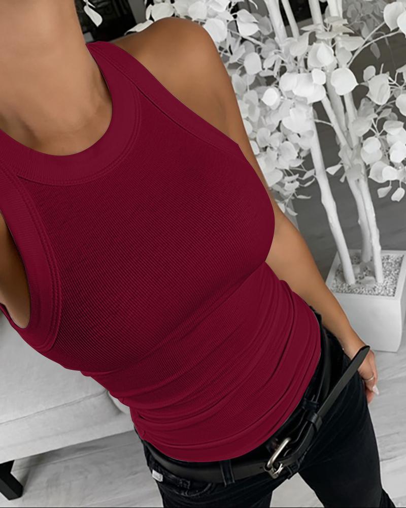O-Neck Knit Sleeveless Basic Slim Fit Tummy Control Tank Casual Top(Without Pads)