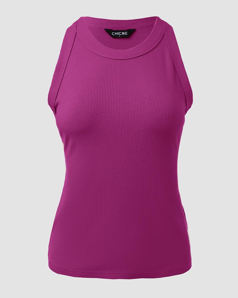 O-Neck Knit Sleeveless Basic Slim Fit Tummy Control Tank Casual Top(Without Pads)