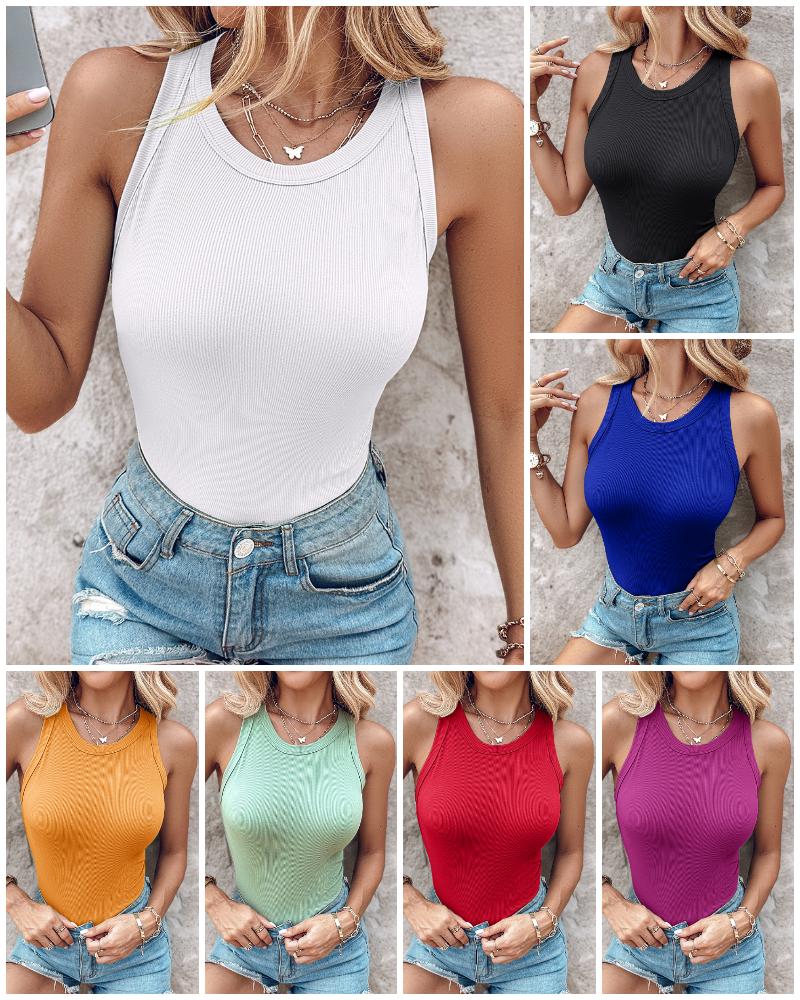 O-Neck Knit Sleeveless Basic Slim Fit Tummy Control Tank Casual Top(Without Pads)