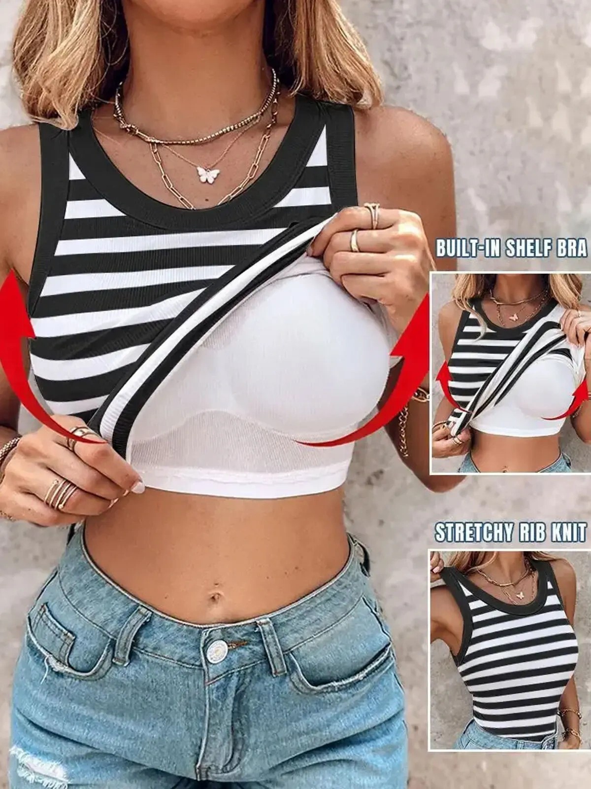 Round Neck Built-in Bra Ribbed Tank Top