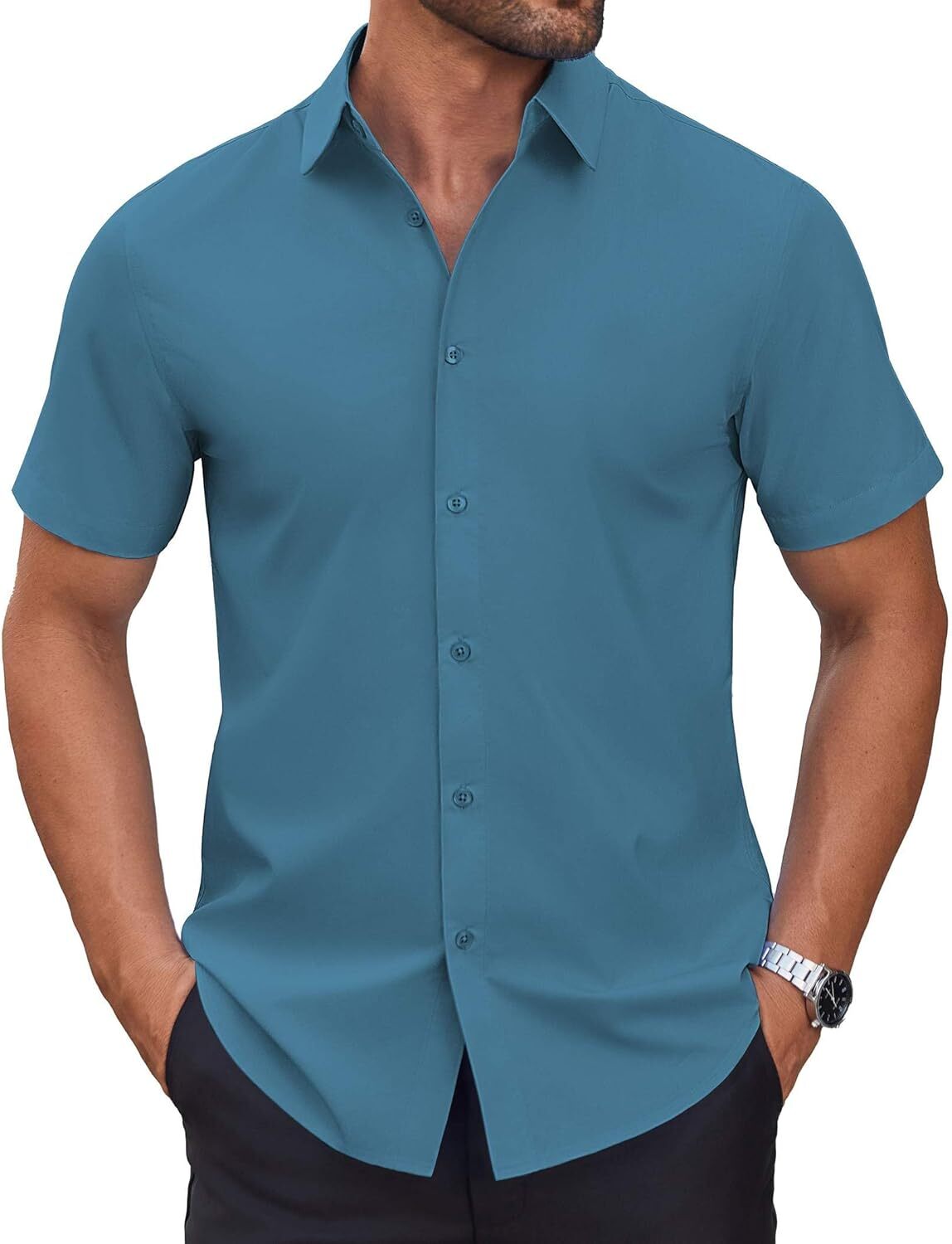 Mens Short Sleeve Dress Shirts Wrinkle Free Casual Button Down Shirts Summer Untucked Dress Shirt