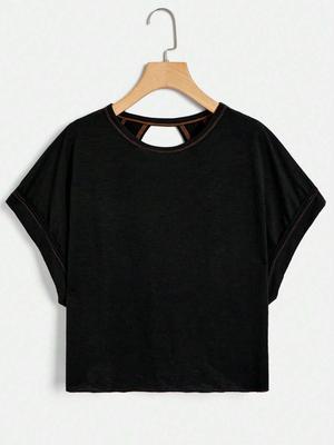 Women's Plain Cut Out Asymmetrical Hem Batwing Sleeve Tee, Elegant Casual Short Sleeve Round Neck T-Shirt for Summer, Ladies Clothes for Daily Wear