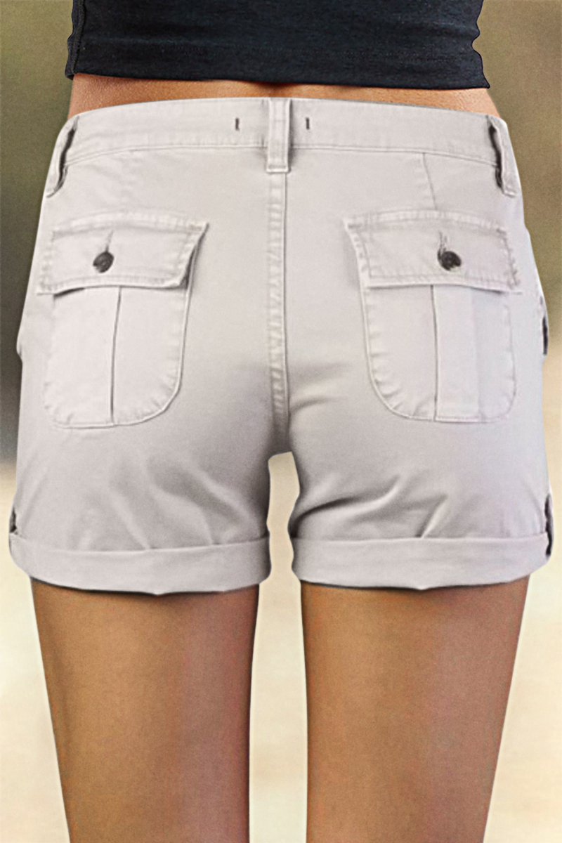 Flap Pocket Roll Tab Hem Mid Waist Shorts