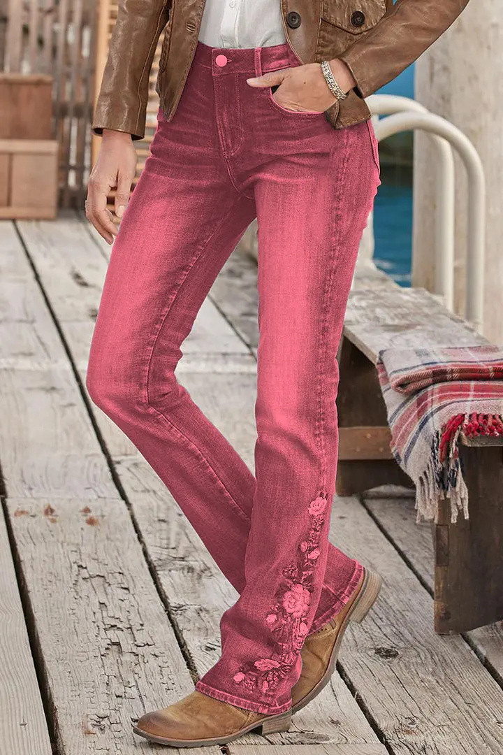 🔥LAST DAY 80% OFF🔥Mid-waist bootcut jeans with floral embroidery