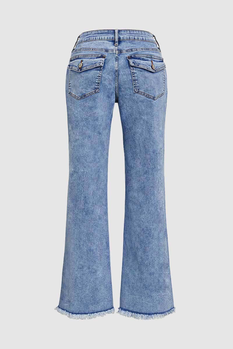 Wash Raw Hem Flap Pocket Wide Leg Low Rise Jeans