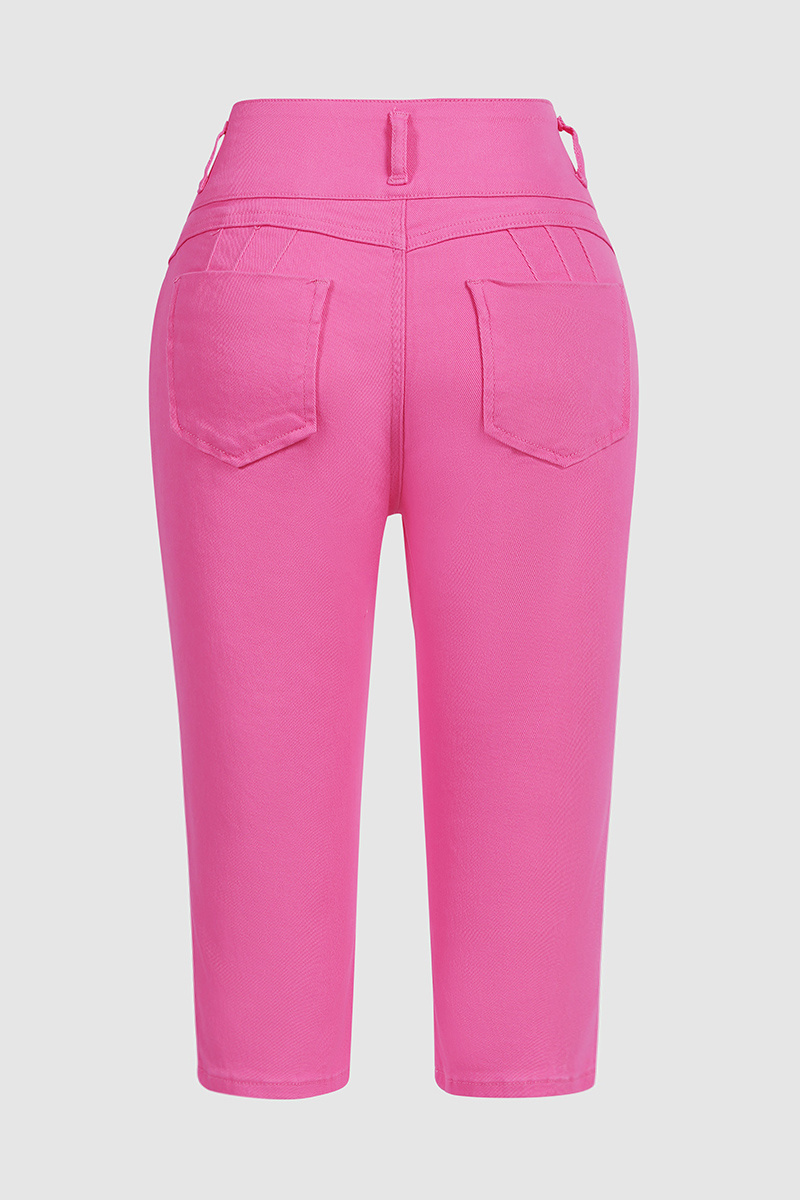 Solid Cut Out Waist Skinny High Waist Capri Jeans
