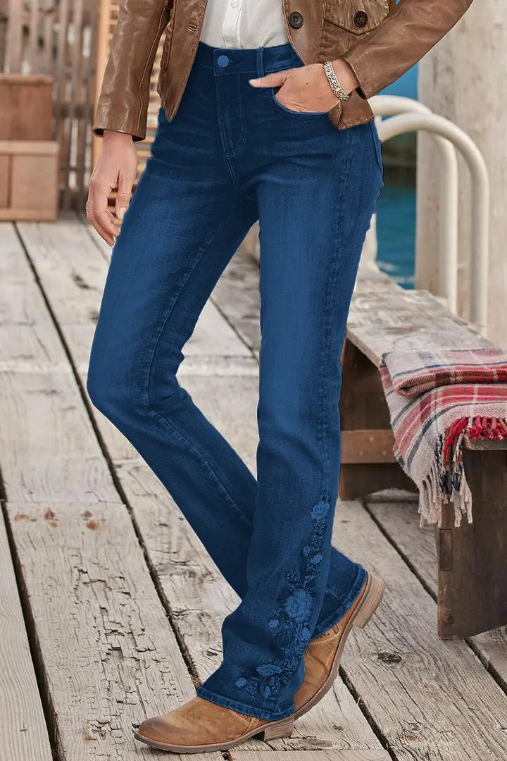🔥LAST DAY 80% OFF🔥Mid-waist bootcut jeans with floral embroidery
