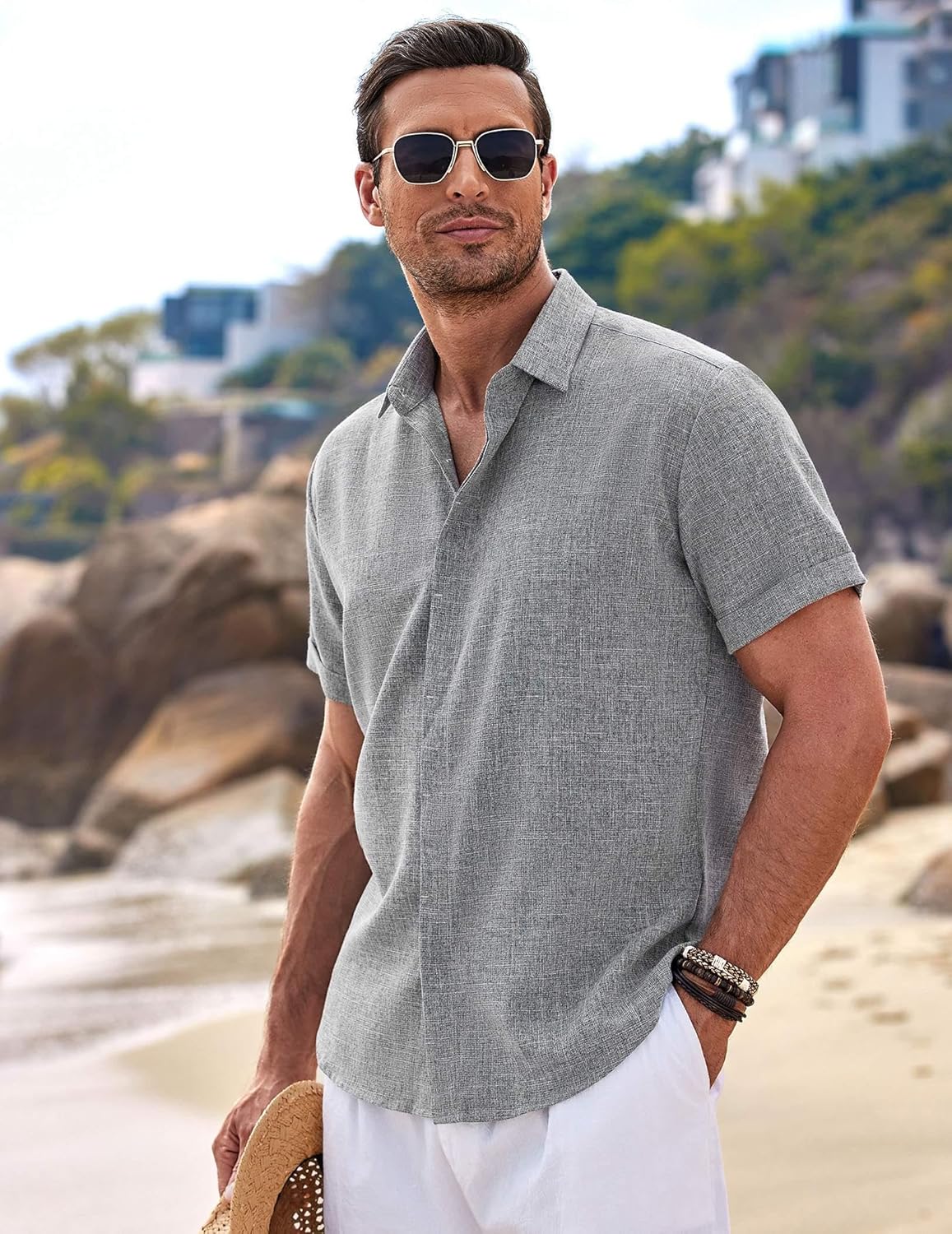 Men's Linen Shirts Short Sleeve Casual Shirts Button Down Shirt for Men Beach Summer Wedding Shirt