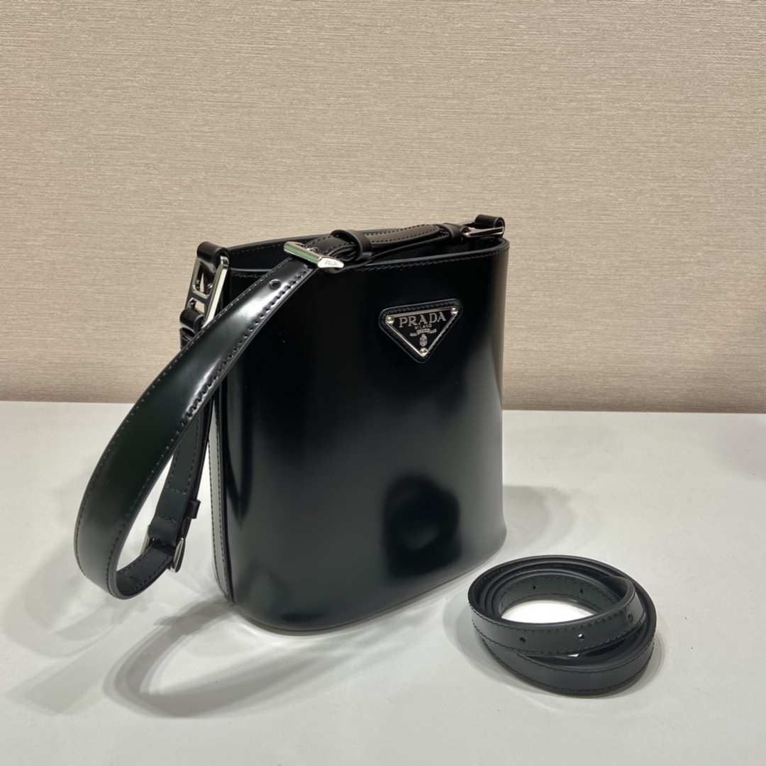 Replica Prada Mini brushed-leather bucket bag 1BE059 Black