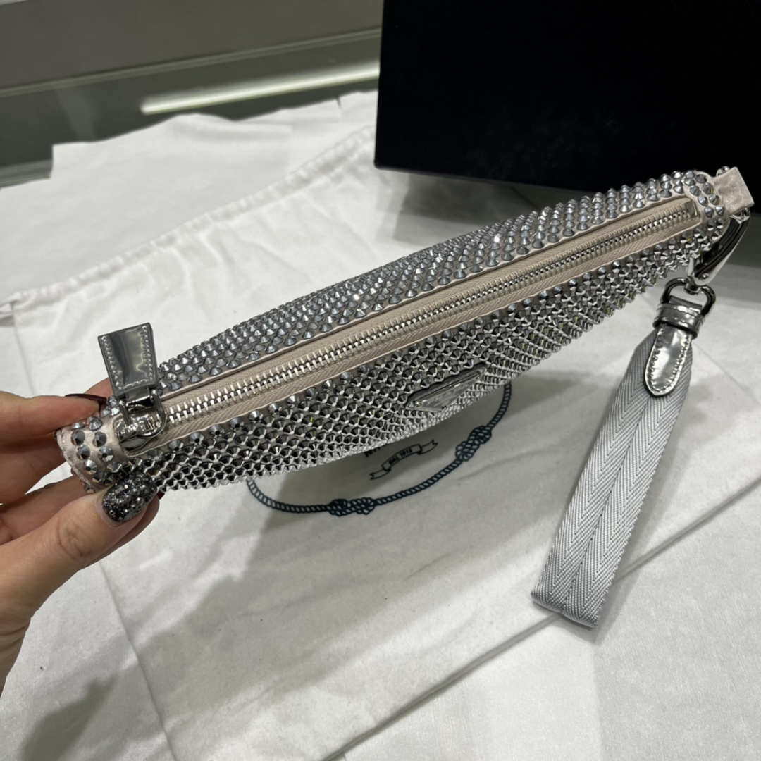Replica Prada 1NE039 Crystal-studded satin pouch Gray