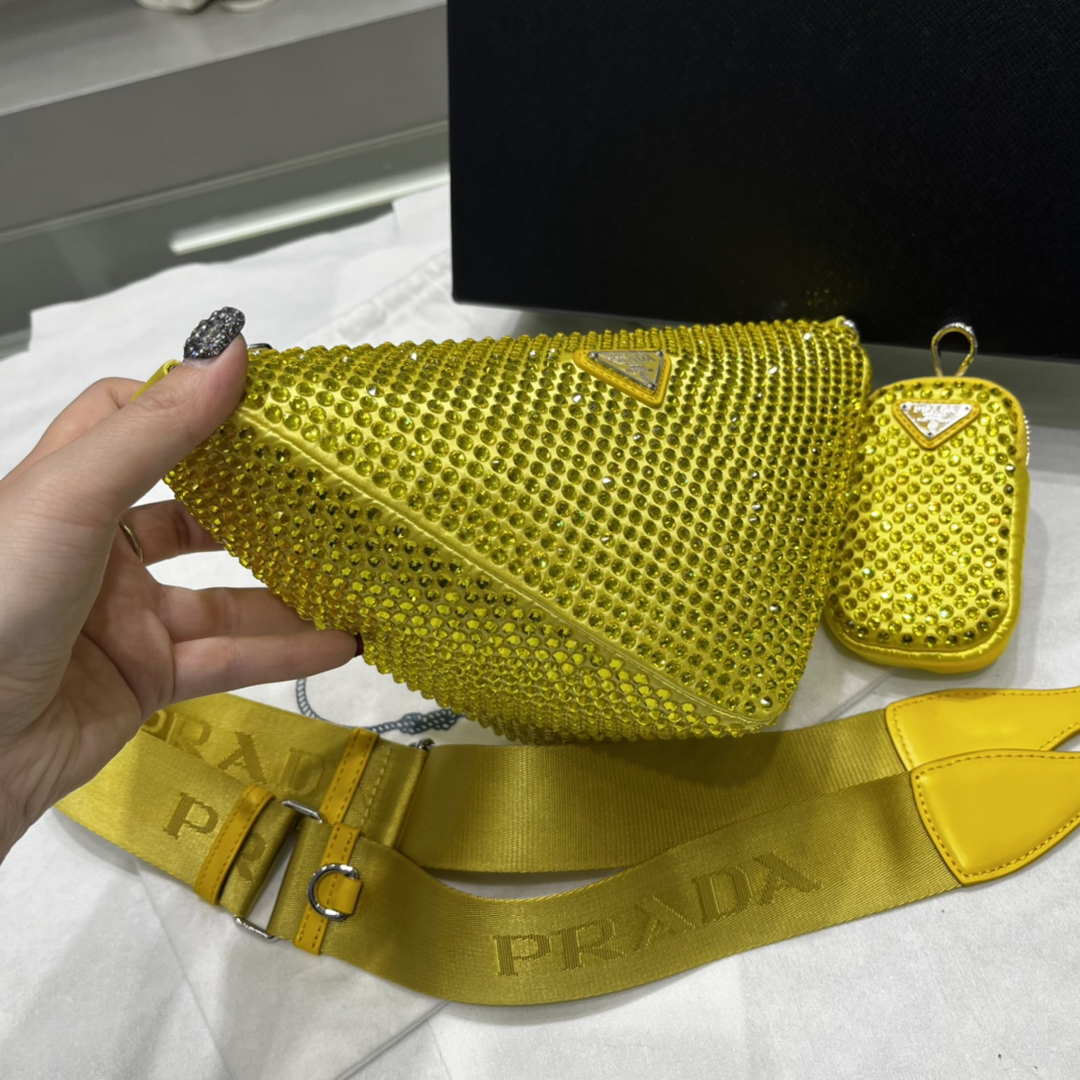 Replica Prada 1NE190 Crystal-studded satin pouch Yellow