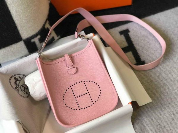 Replica Hermes Evelyne Bag Hermes Mini Crossbody Bag 20407 Silver Buckle Pink