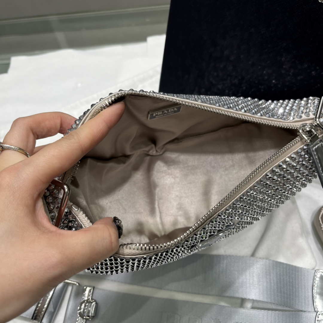 Replica Prada 1NE190 Crystal-studded satin pouch Gray