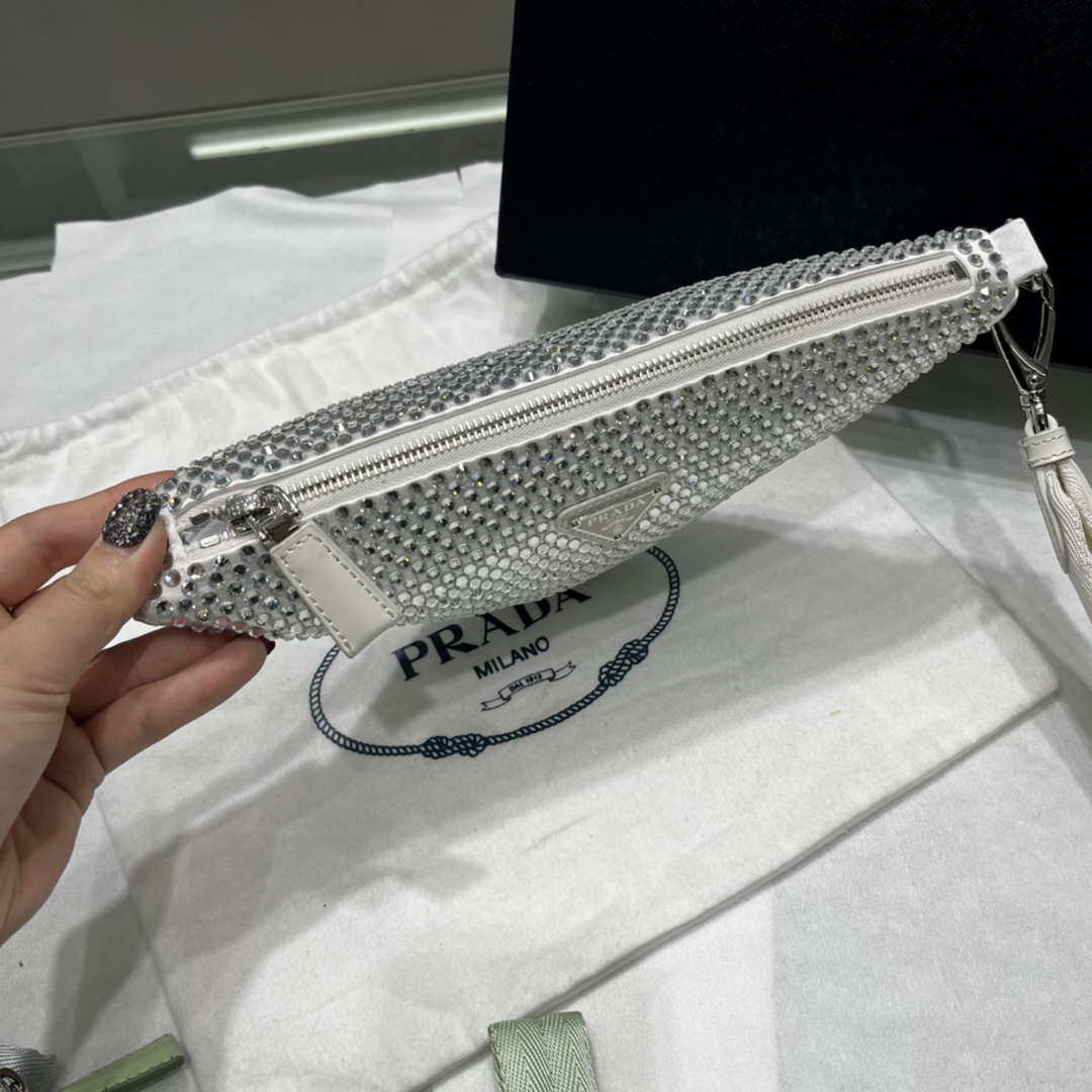 Replica Prada 1NE039 Crystal-studded satin pouch White