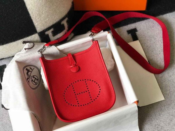 Replica Hermes Evelyne Bag Hermes Mini Crossbody Bag 20411 Silver Buckle Dark Red