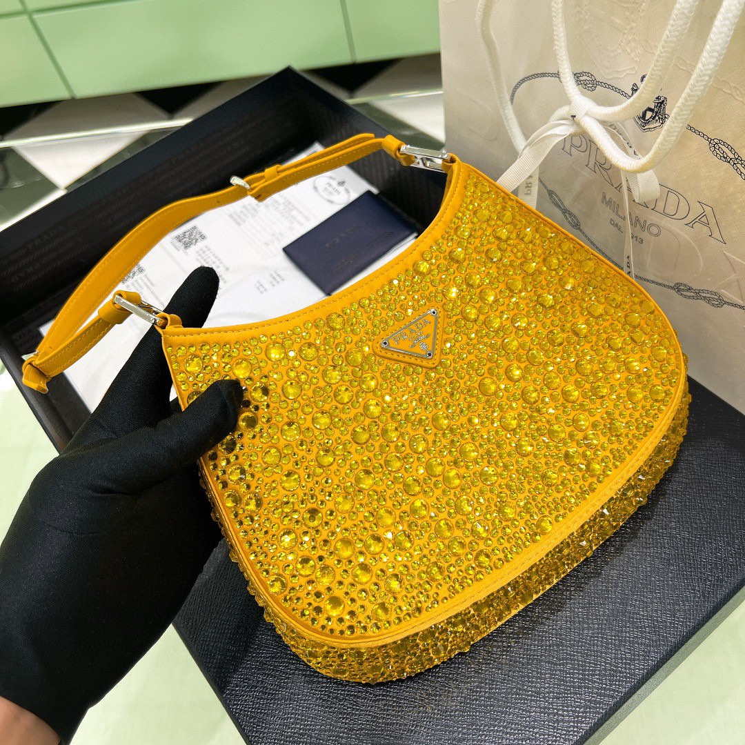 Replica Prada 1BC169 Prada Cleo satin bag with appliqués Gold Yellow