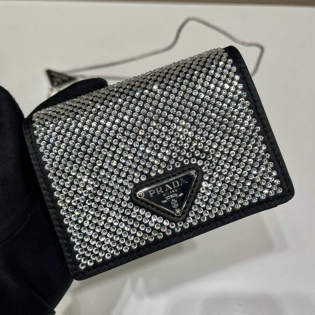 Replica Prada Crystal-studded card holder with shoulder strap 1MR024 Black Crystal